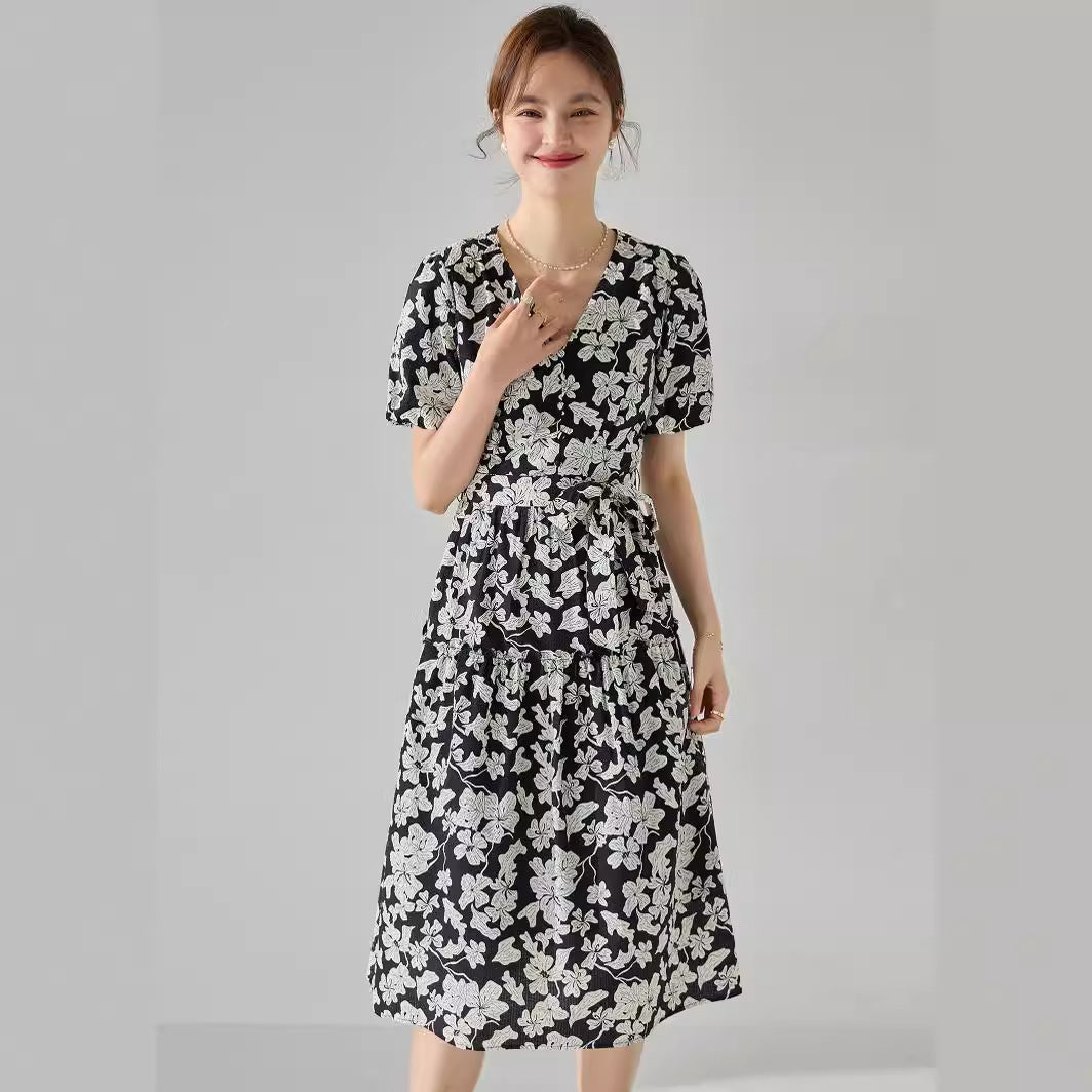 French Elegance Black & White Floral Dress