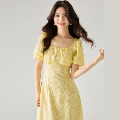 Elegant French Yellow Textured Square-Neck Floral Dress