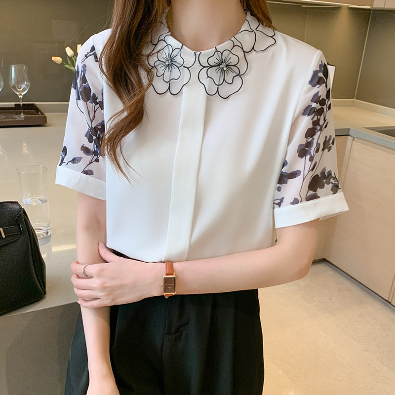 Women's Korean Style Babydoll Collar Short Sleeve Blouse