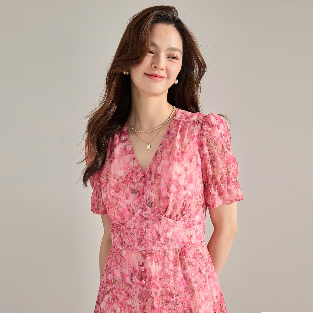 Chic French Pink Chiffon Slit Floral Midi Dress