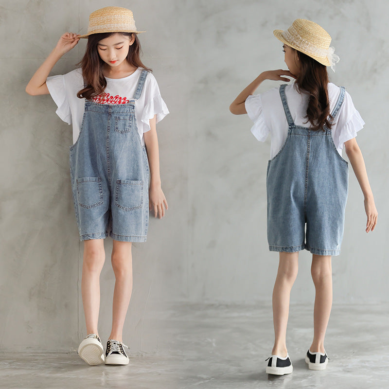 Girls' Casual T-shirt and Denim Suspender Shorts Two Pieces Set