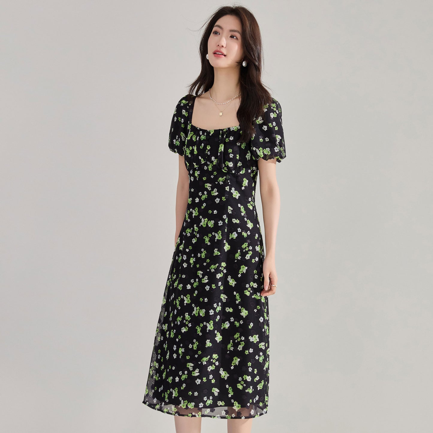 Retro Black French Floral Puff Sleeve Dress