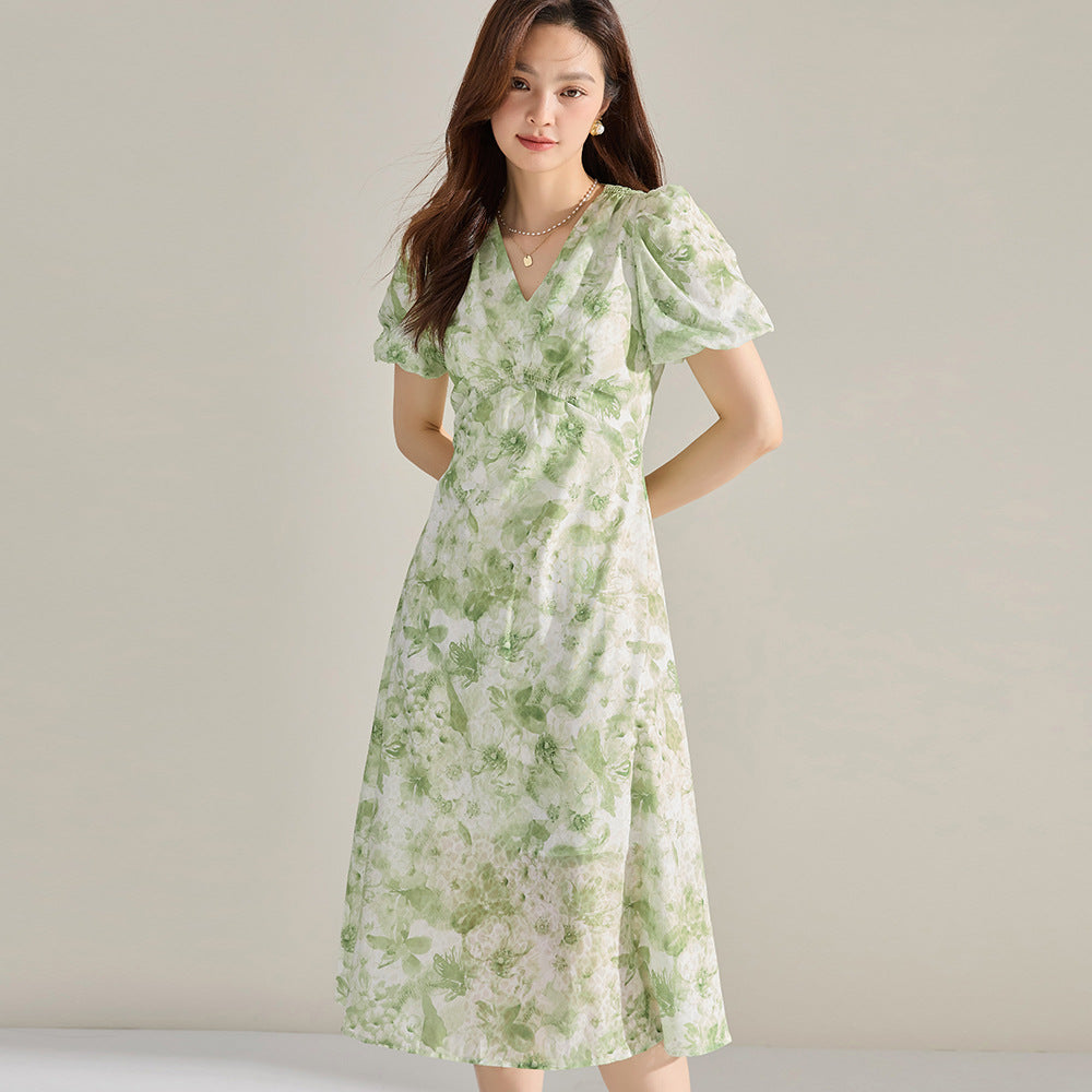 French Floral High-Waist Midi Dress