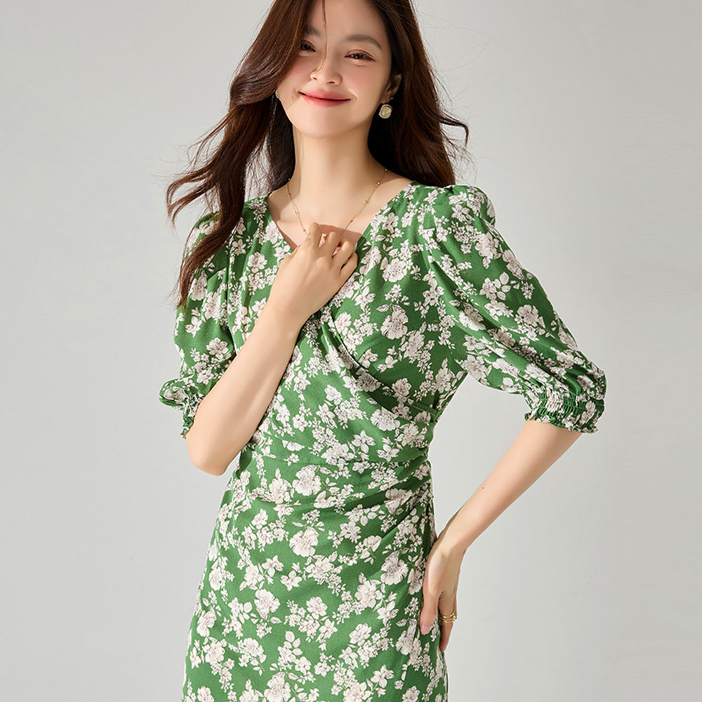 French Green Ruched Floral Wrap Midi Dress