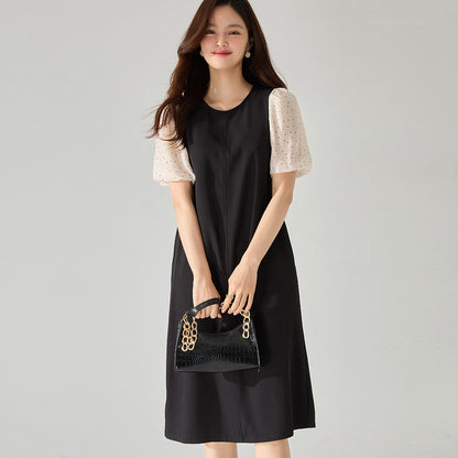 Elegant Black & Polka Dot Panel Straight Dress