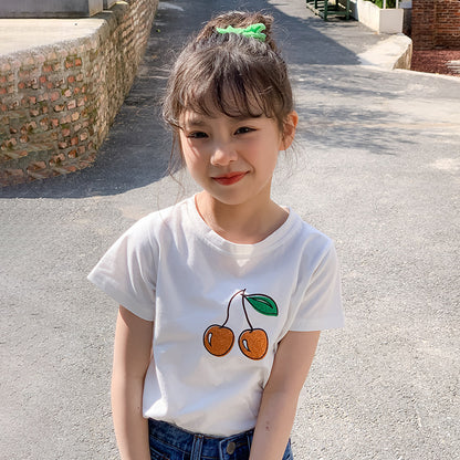 Girls' Cherry T-shirt and Denim Shorts Two Pieces Set