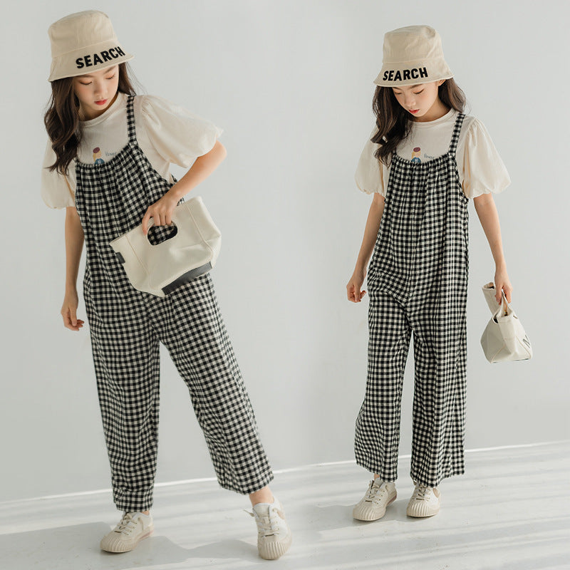 Girls' Casual T-shirt and Plaid Suspender Pants Two Pieces Set