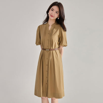 Chic Lantern Sleeve Cotton Blend Shirt Dress