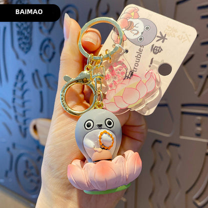 Buddha style Good Luck Lotus Lotus Series Wooden Fish Three Flower Cat Pig Pig Keychain Exquisite Resin Doll Keychain Ring