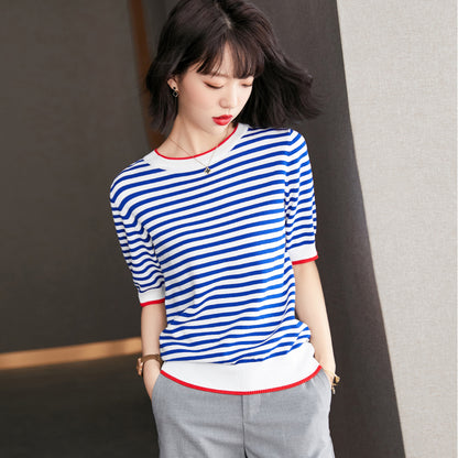 Women's Preppy Style Contrast Colors Short Sleeve Striped Knitted Top