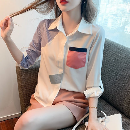 Women's Stylish Long Sleeve Patchwork Blouse