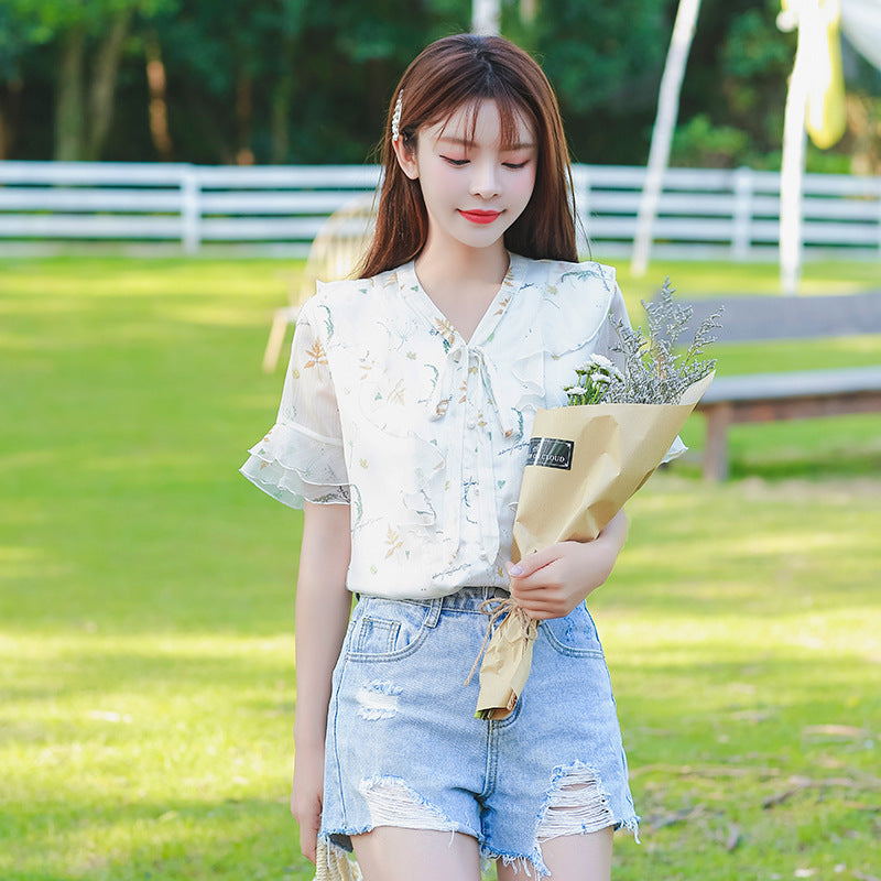 Women's Fairy Short Sleeve Floral Chiffon Blouse