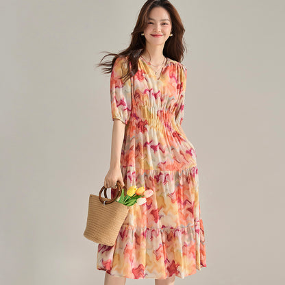 Dreamy Watercolor French Cinched Floral Midi Dress