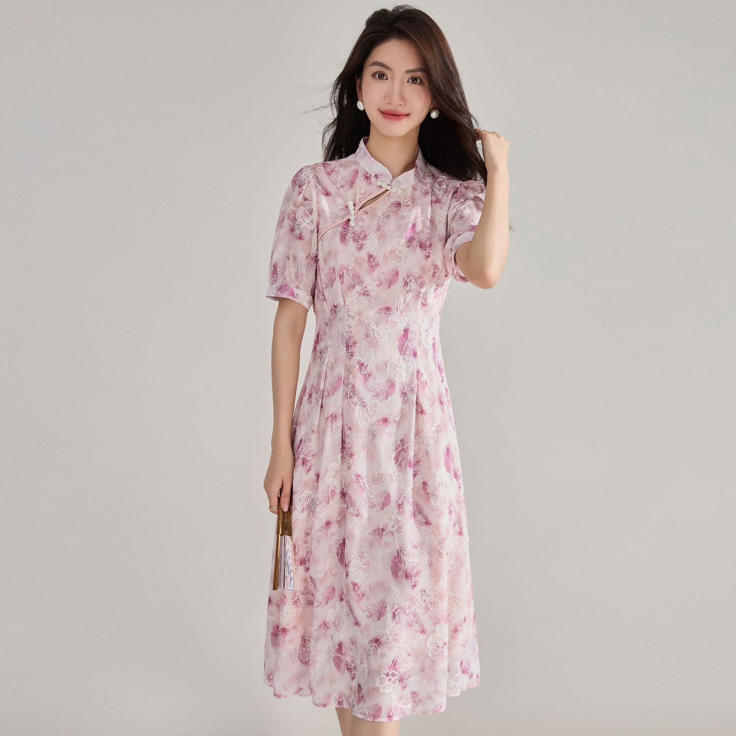 Heritage Charm Floral Qipao Midi Dress