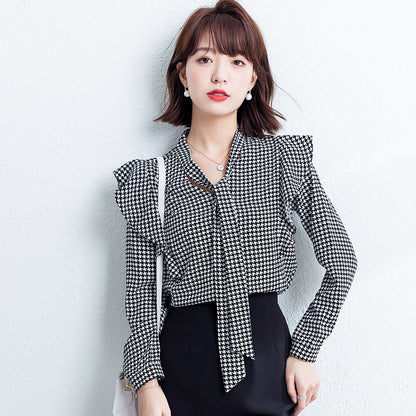 Women's Houndstooth Chiffon Bow Tie Long Sleeve Blouse