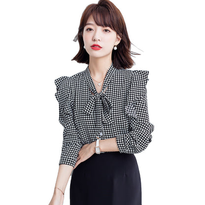 Women's Houndstooth Chiffon Bow Tie Long Sleeve Blouse