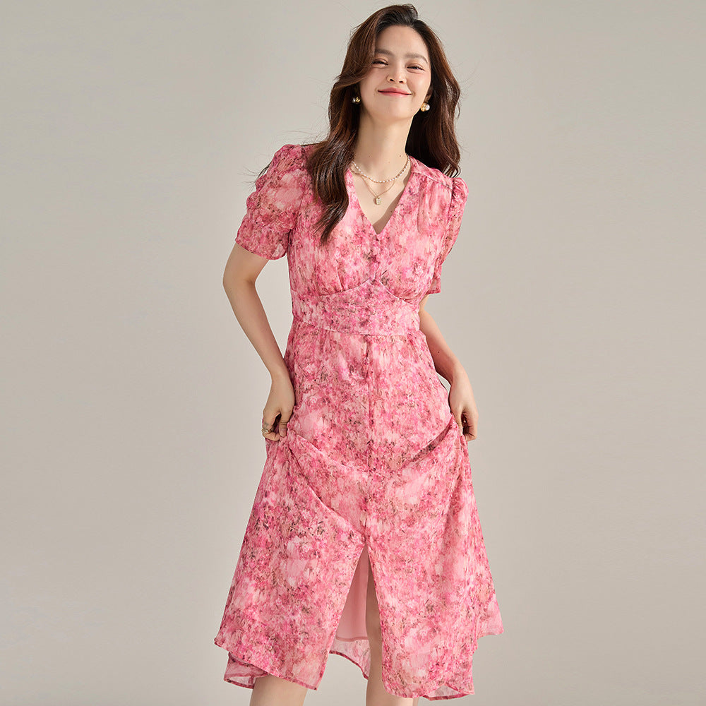 Chic French Pink Chiffon Slit Floral Midi Dress