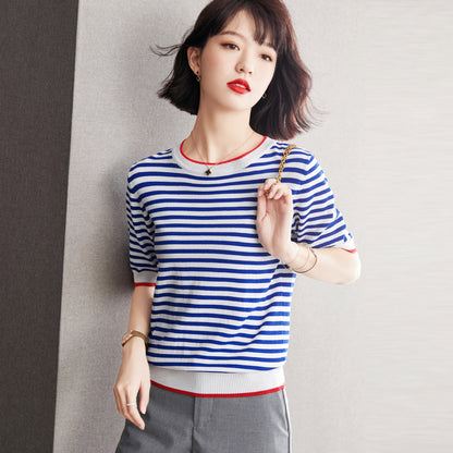 Women's Preppy Style Contrast Colors Short Sleeve Striped Knitted Top