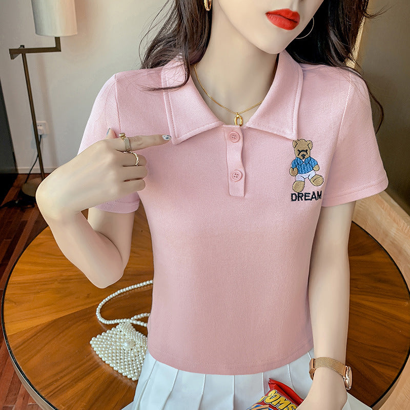 Women's Polo Collar Bear High-Waist Short Sleeve T-Shirt