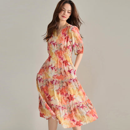 Dreamy Watercolor French Cinched Floral Midi Dress