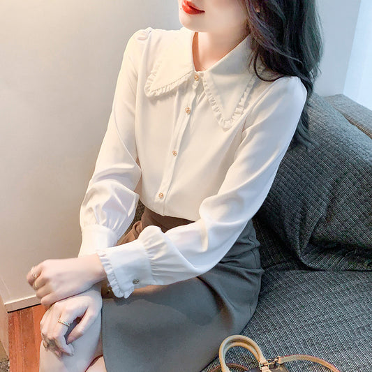 Women's White Baby Doll Collar Chiffon Blouse