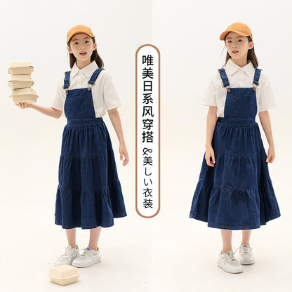 Girls' Japanese Style Shirt and Denim Suspender Dress Two Pieces Set