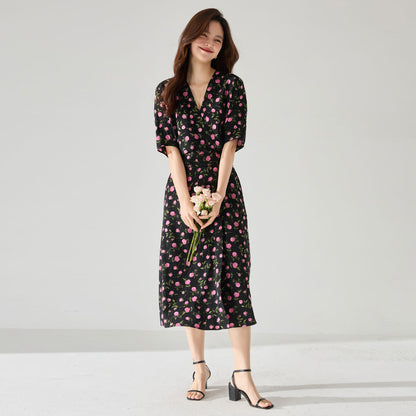 Vintage Elegance Floral Wrap Midi Dress