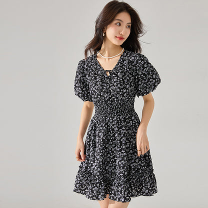 Chic Black French Ruffle Floral Dress