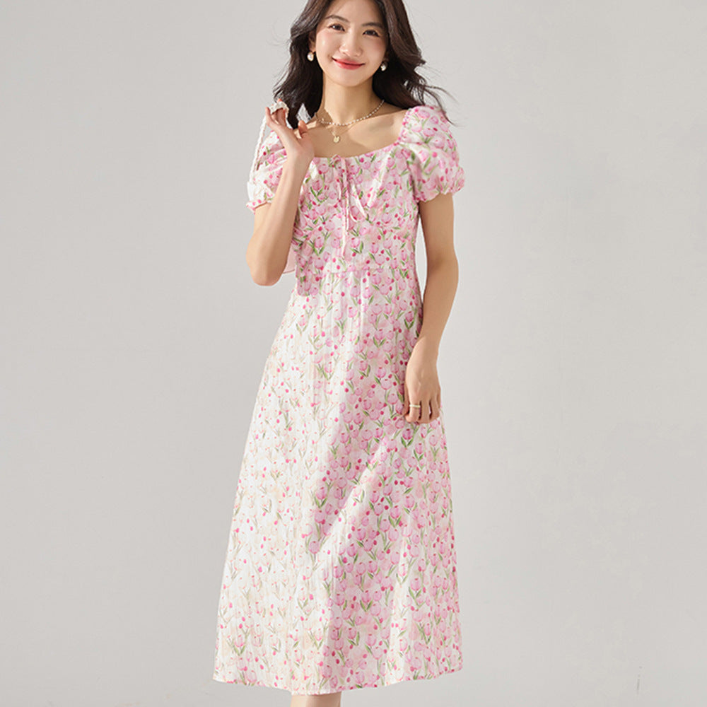 Elegant Floral Puff Sleeve Midi Dress