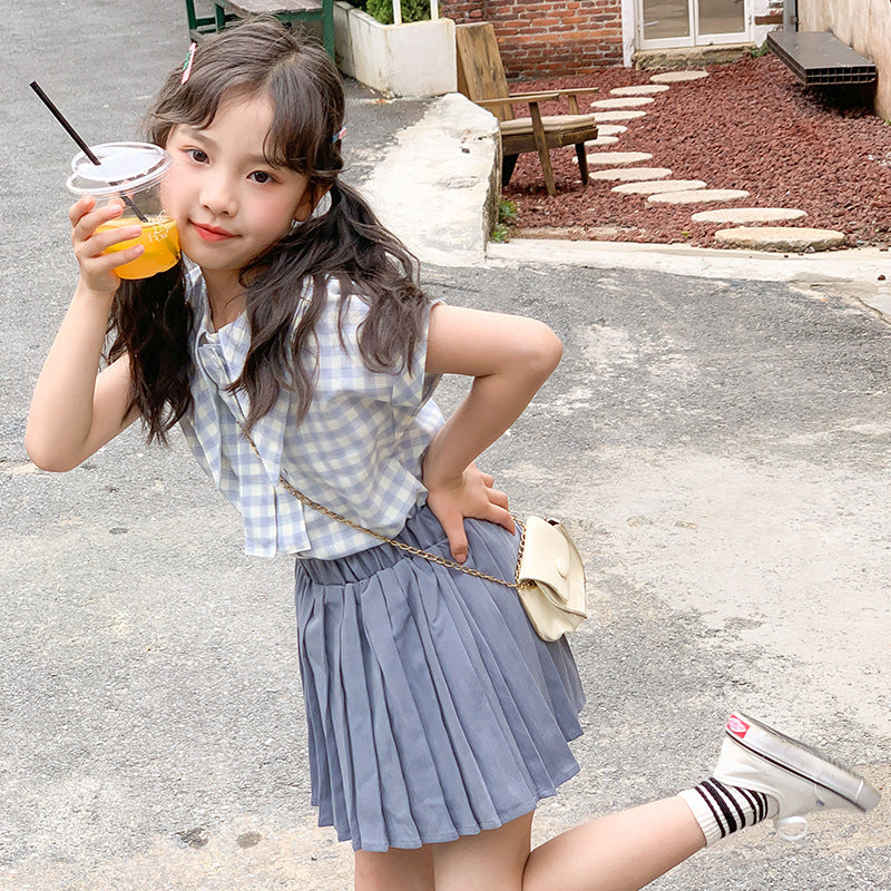 Girls' Korean Style Plaid Blouse + Pleated Skirt Set