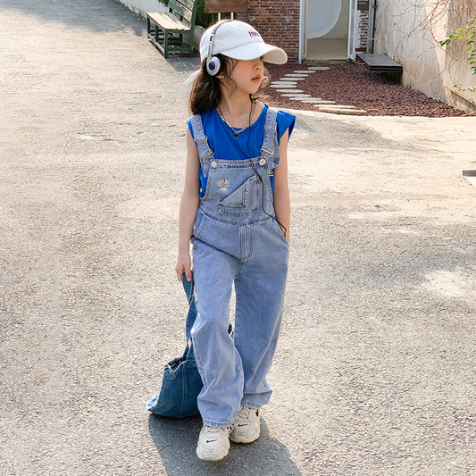 Girls' Casual Tank Top and Denim Suspender Pants Two Pieces Set