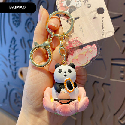 Buddha style Good Luck Lotus Lotus Series Wooden Fish Three Flower Cat Pig Pig Keychain Exquisite Resin Doll Keychain Ring