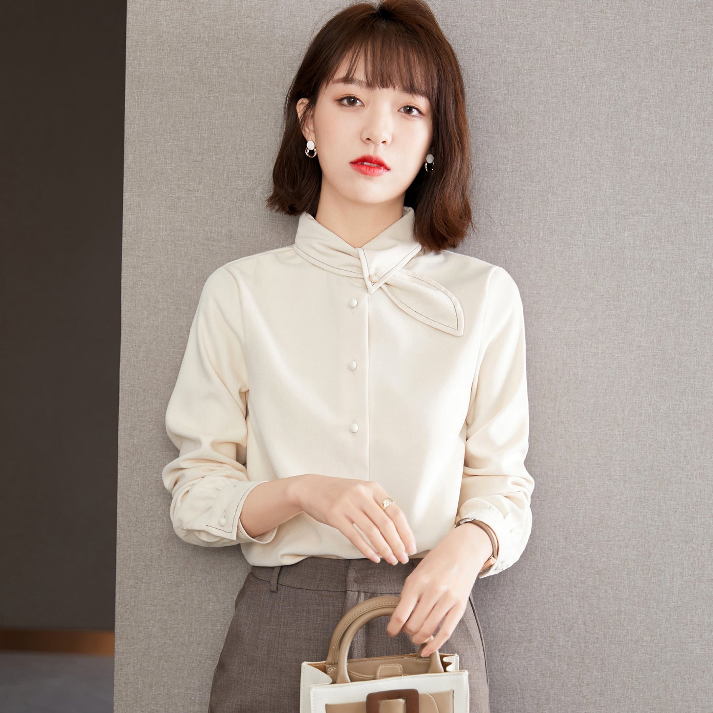 Women's French Style Bunny Collar Long Sleeve Blouse