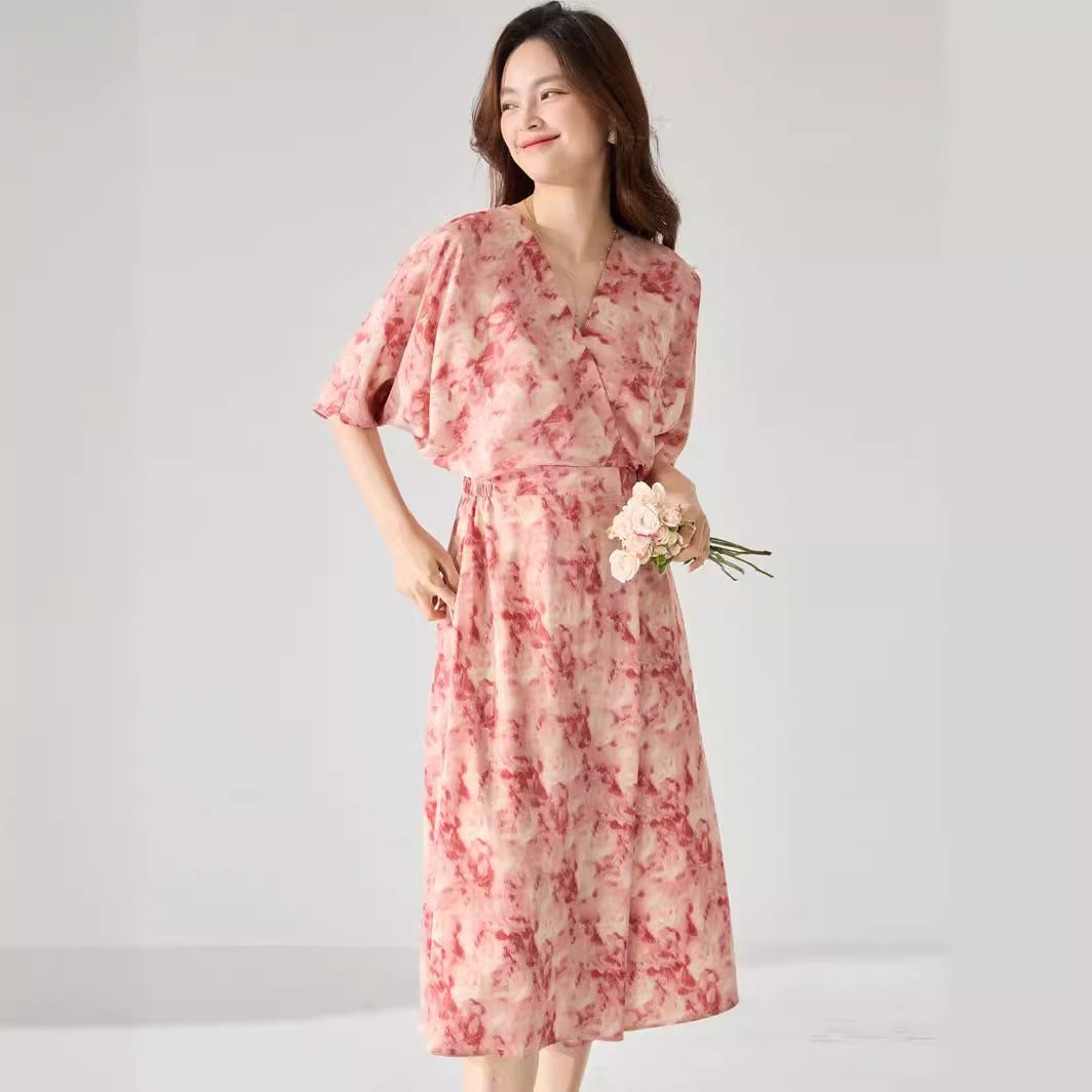 Chic Floral Bat Sleeve Midi Dress