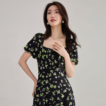 Retro Black French Floral Puff Sleeve Dress