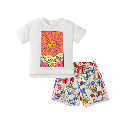 Cartoon Print Girls' Cotton T-shirt Shorts Two-pieces Set