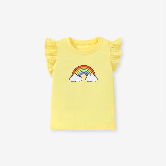 Cartoon Rainbow Ruffles Sleeve Girls' Cotton T-shirt