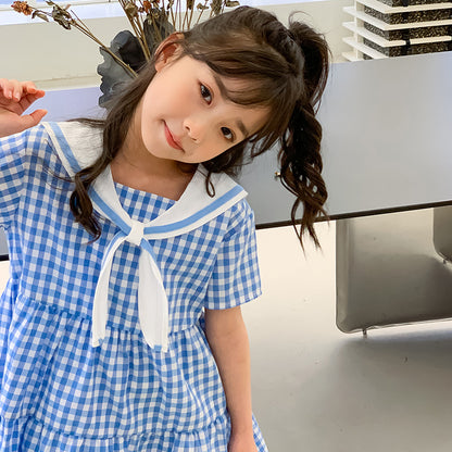 Girls' Sailor Collar Plaid Cake Dress