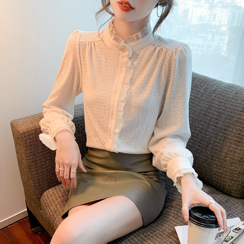 Women's French Style Stand Collar Long Sleeve Chiffon Blouse