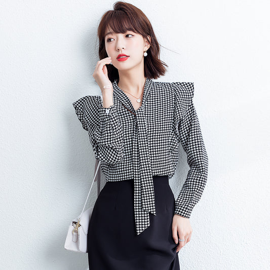 Women's Houndstooth Chiffon Bow Tie Long Sleeve Blouse