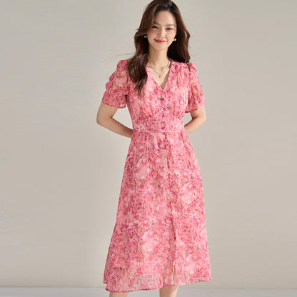 Chic French Pink Chiffon Slit Floral Midi Dress