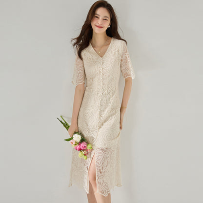 Elegant Ivory Lace Cinched Waist Dress