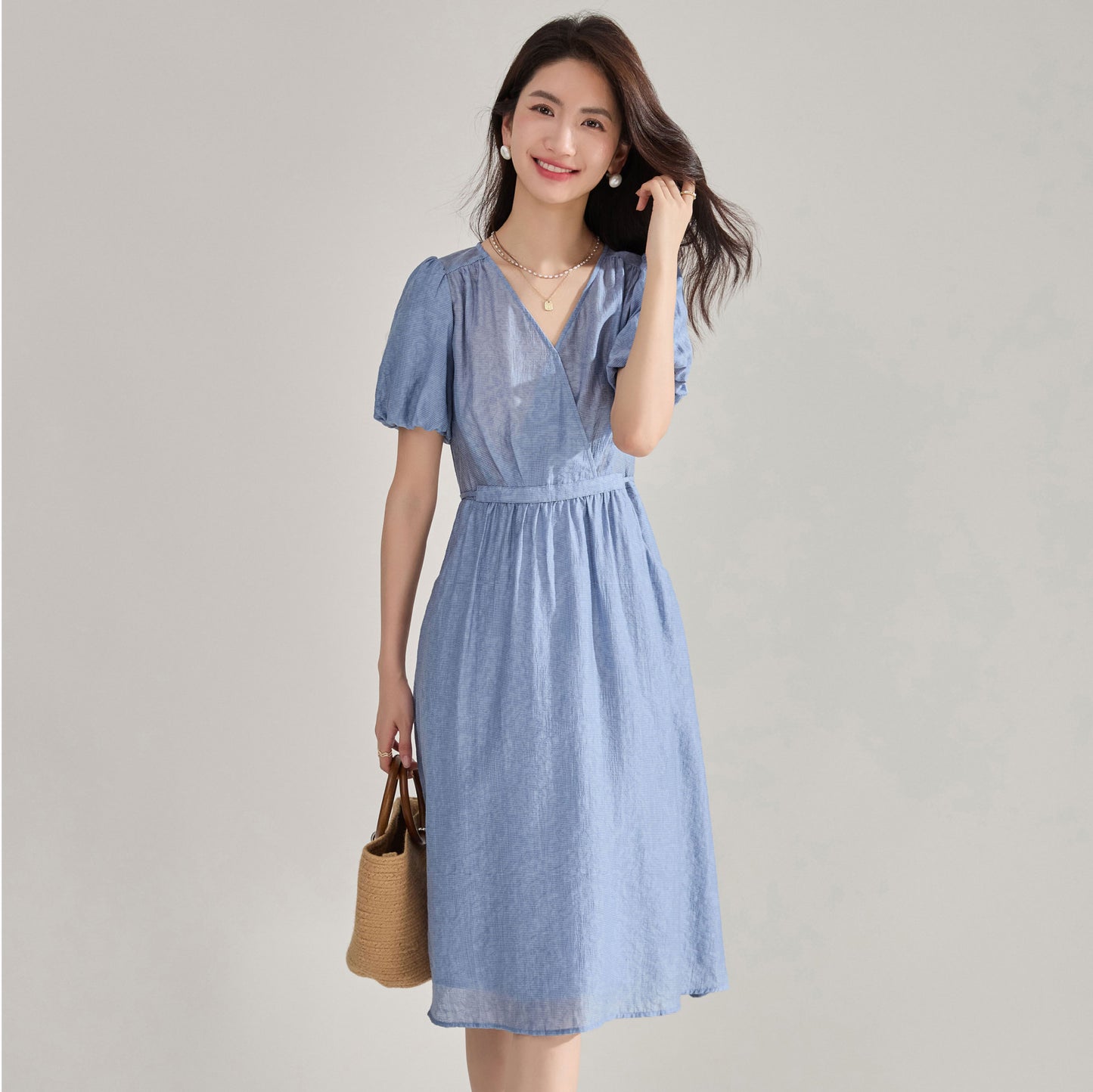 Blue Tencel Jacquard Tie-Waist Midi Dress