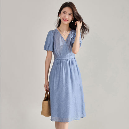 Blue Tencel Jacquard Tie-Waist Midi Dress