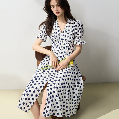 Chic French Polka Dot Jacquard Midi Dress