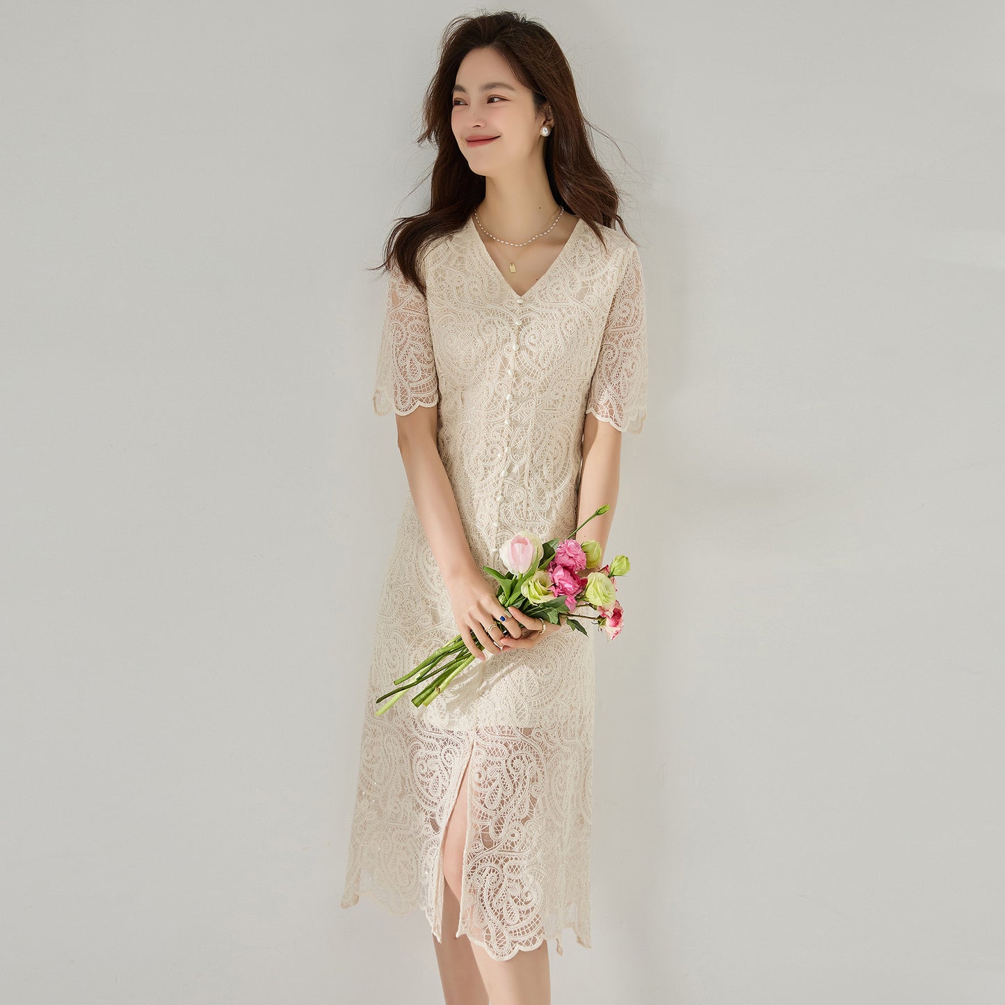 Elegant Ivory Lace Cinched Waist Dress