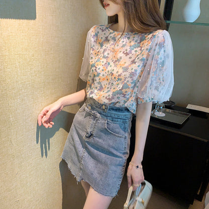 Women's Beaded Mesh Puff Sleeves Floral Top