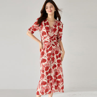 Rosé Elegance Floral Midi Dress