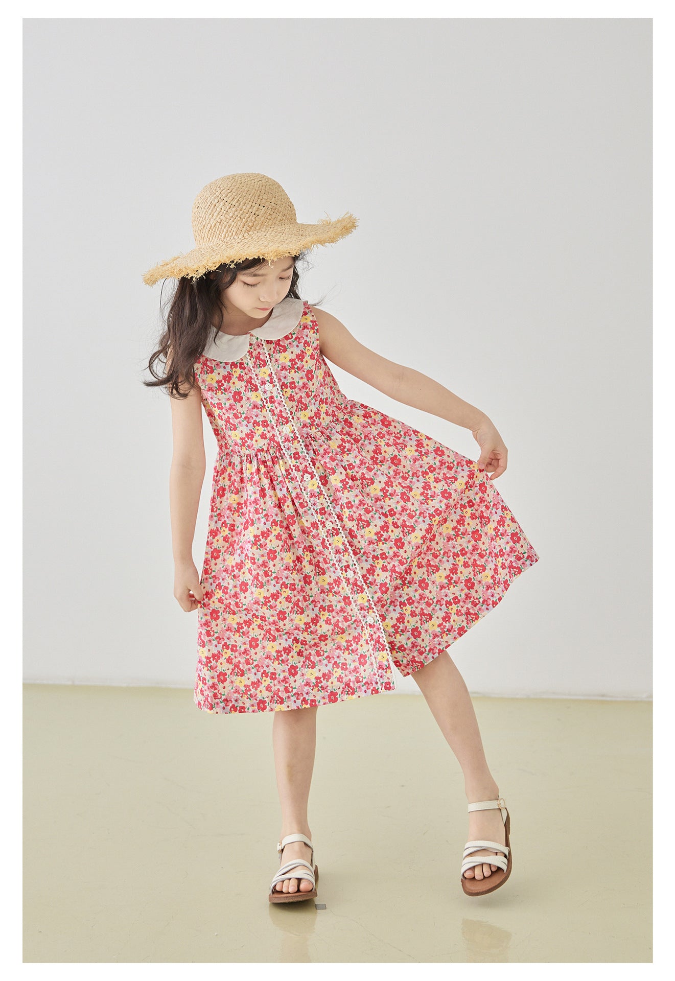 Korean Style Girls' Cotton Floral Sleeveless Princess Dress