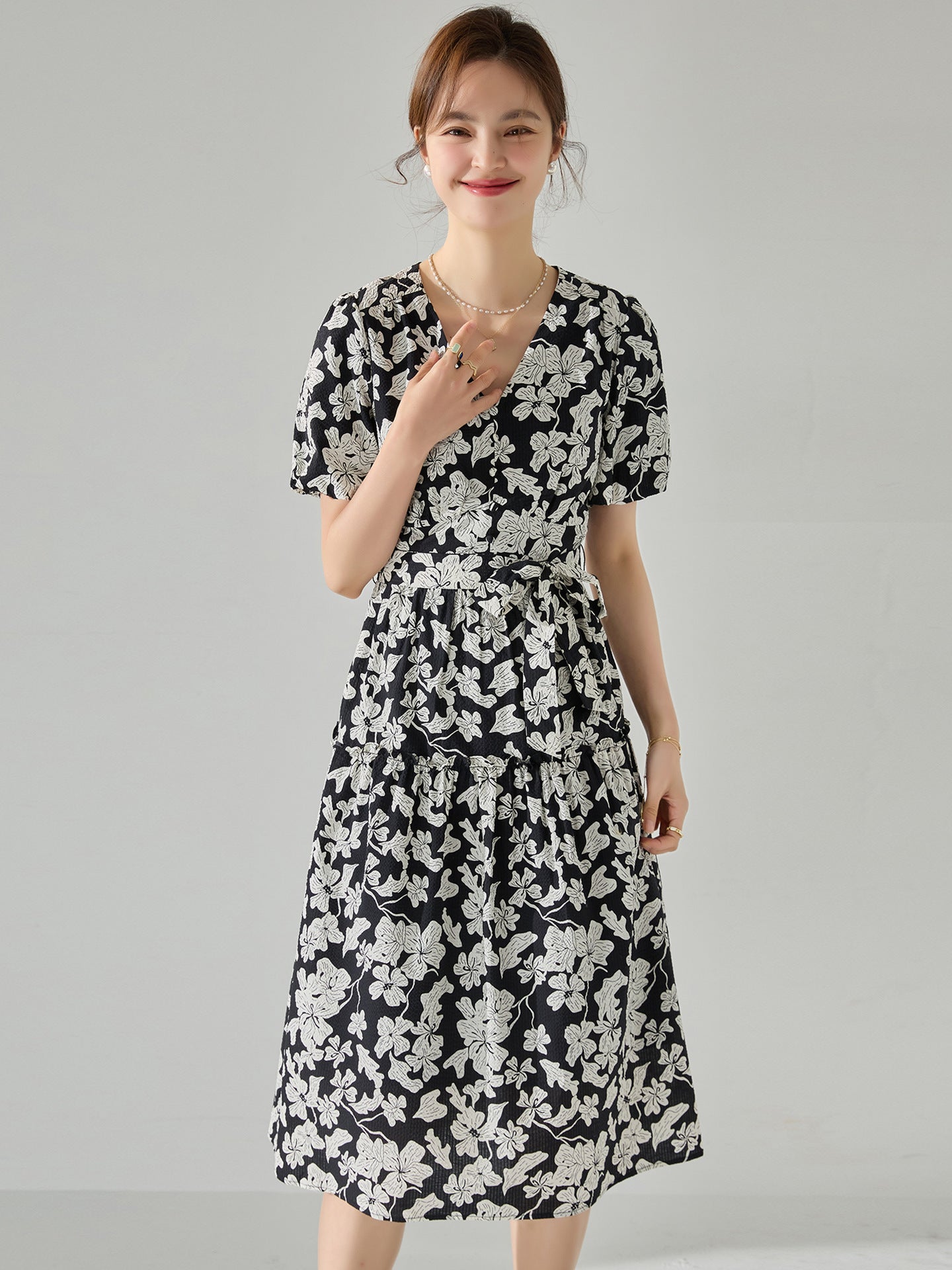 French Elegance Black & White Floral Dress